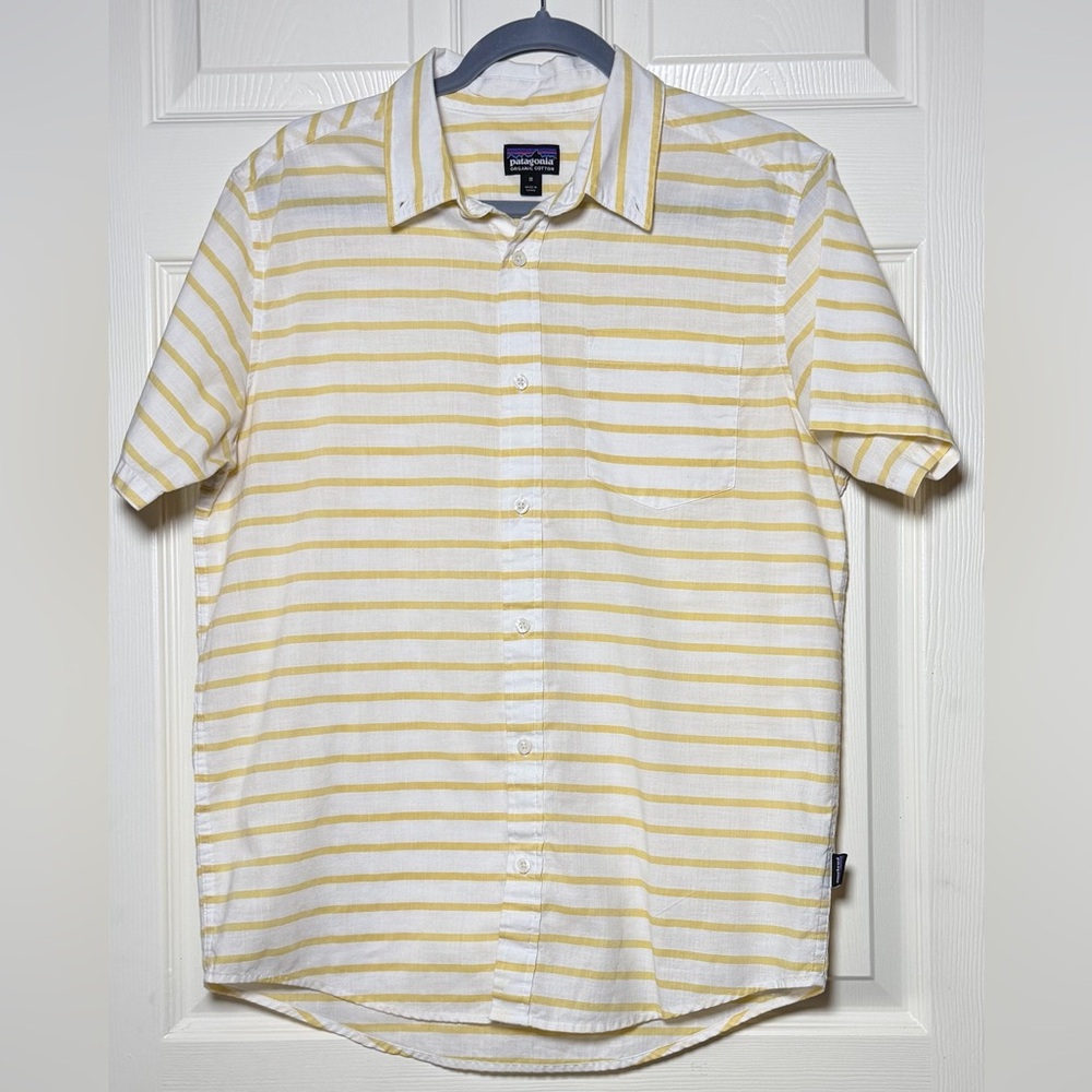 Patagonia Men's Yellow and White Striped Button Down Shirt